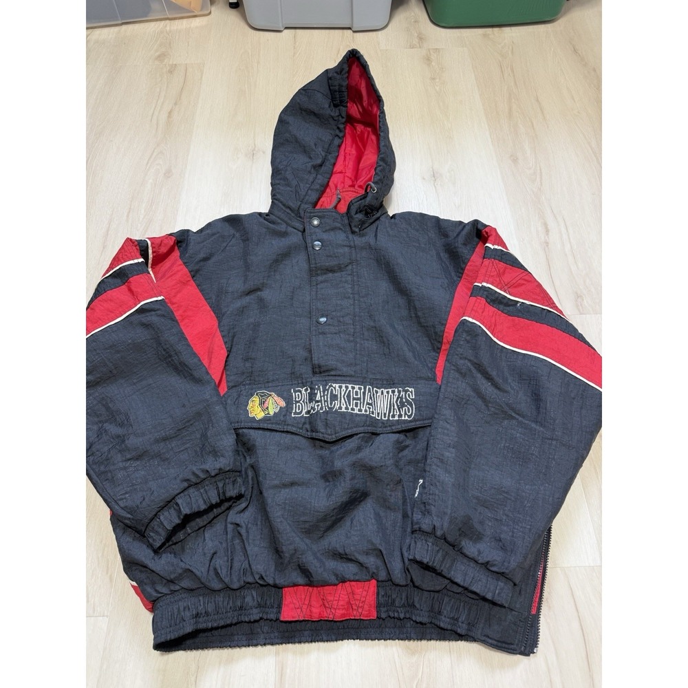 Vintage 90s Chicago Blackhawks NHL Embroidered Half Zip Hooded Jacket Men's XL